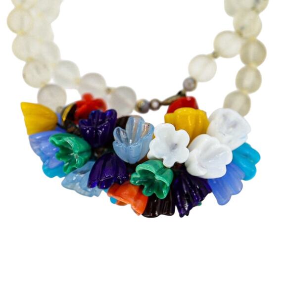 Vintage Rock Crystal & Glass Flower Cluster Necklace Czech Art Glass Beads 40s - Picture 3 of 5